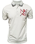 Camisa polo blanca para caballero con bordado tribal de armas cruzadas, confeccionada en una mezcla transpirable de algodón y poliéster por Montero.