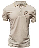 Men's beige polo shirt featuring a "Poker of Aces" embroidered design on the chest. Classic polo collar with contrast piping.