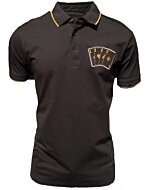 Men's black polo shirt featuring a "Poker of Aces" embroidered design on the chest. Classic polo collar with contrast piping.