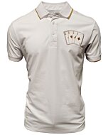 Men's white polo shirt featuring an embroidered "Poker of Aces" design on the chest. Classic polo collar with contrast piping.