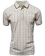 Men's beige polo shirt featuring a detailed geometric pattern in earthy tones. Classic collar with contrast piping.