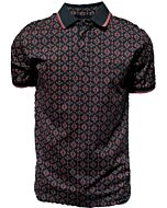 Polo negro para caballero con un elegante patrón geométrico en tonos rojos. Cuello clásico con detalles en contraste.