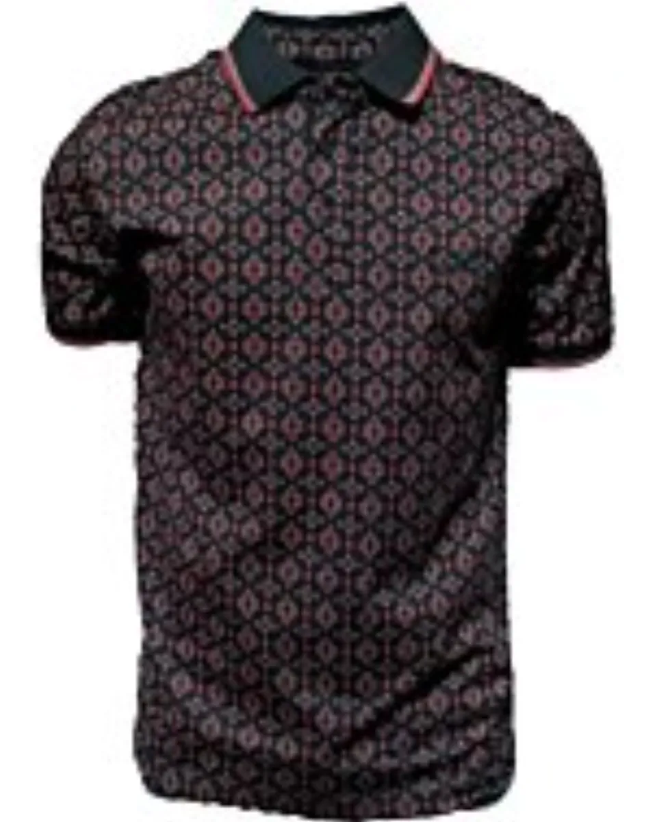 Polo negro para caballero con un elegante patrón geométrico en tonos rojos. Cuello clásico con detalles en contraste.