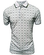 Men's white polo shirt featuring an intricate geometric pattern in green tones. Classic collar with contrast piping.