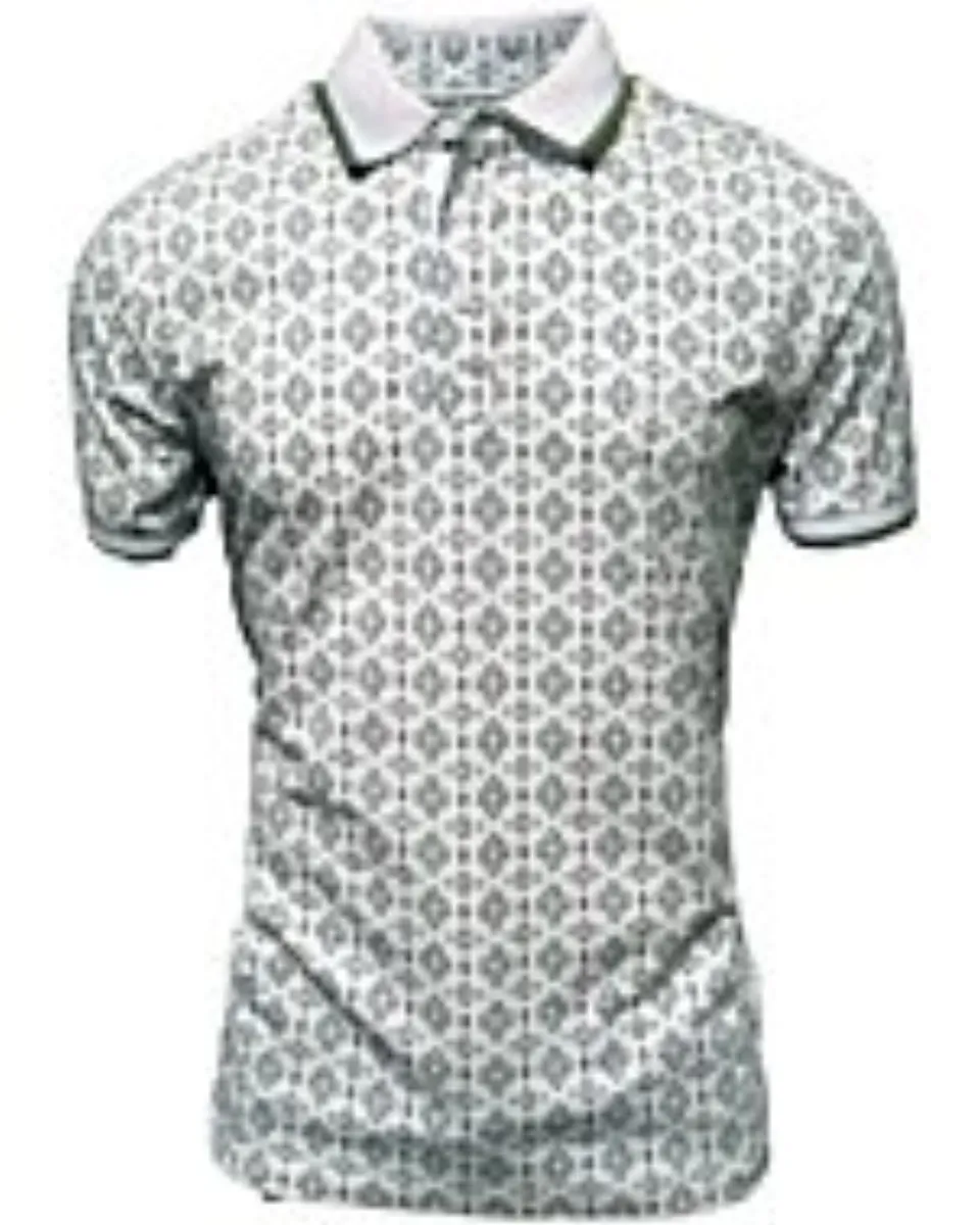 Men's white polo shirt featuring an intricate geometric pattern in green tones. Classic collar with contrast piping.