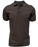 Men's black polo shirt featuring a subtle geometric pattern in gold tones. Classic collar with contrast detailing.