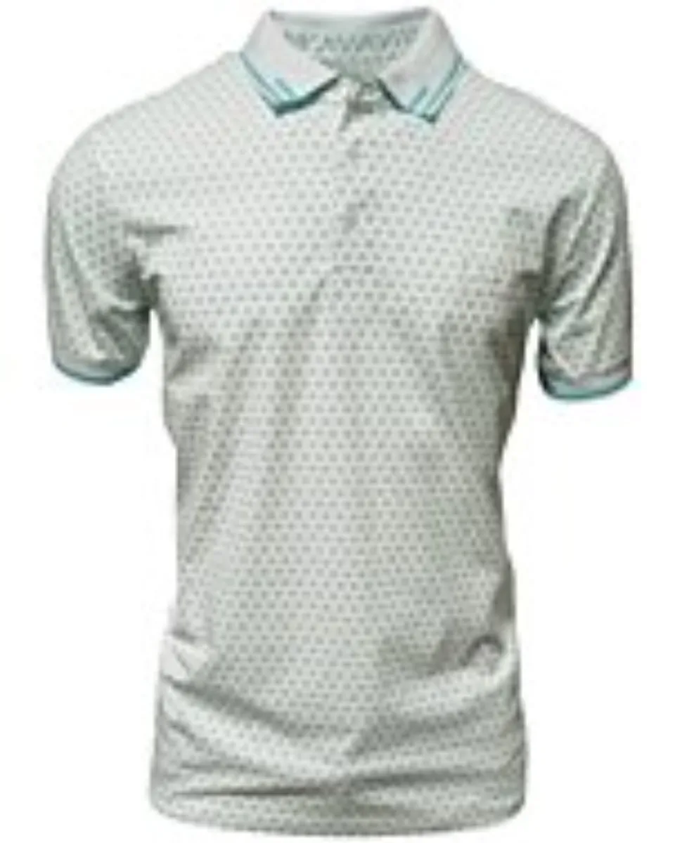 Camisa polo blanca para caballero con un elegante patrón geométrico, confeccionada en una mezcla transpirable de algodón y poliéster por Montero.