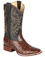 Botas de rodeo para hombre café con grabado de avestruz, punta bulldog y cinturón a juego.