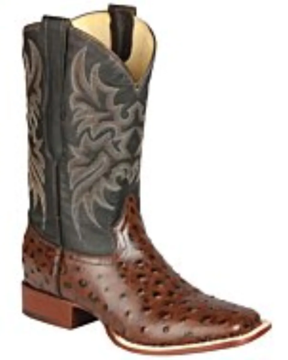 Botas de rodeo para hombre café con grabado de avestruz, punta bulldog y cinturón a juego.