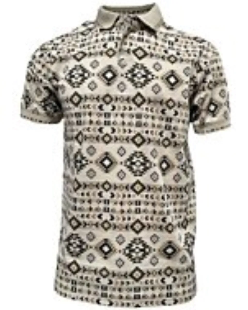 Polo beige para caballero con estampado azteca en tonos marrón y negro, con cuello en contraste – Lamasini 28220.