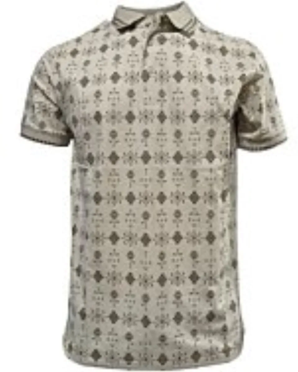 Lamasini 28221 men’s beige polo with a delicate geometric print and ribbed collar.