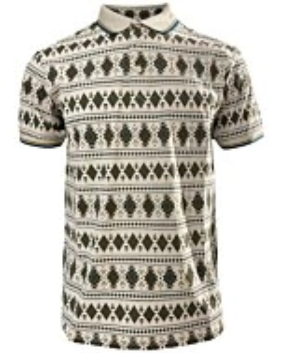 Lamasini 28222 men’s beige polo with a Southwestern-inspired geometric pattern and contrast collar.