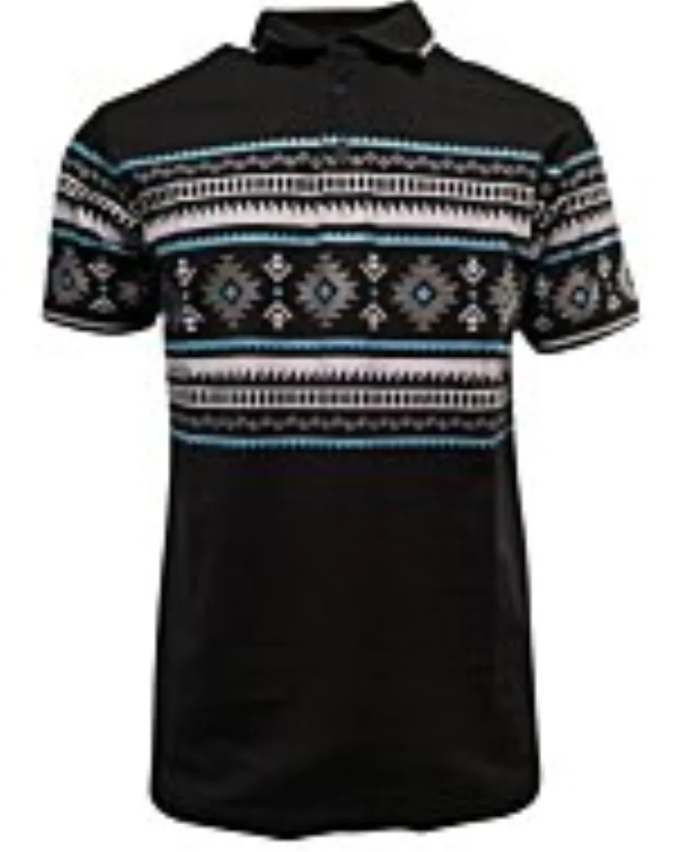 Lamasini 28219 men’s black polo shirt with Aztec print in gray, white, and turquoise, featuring a contrast collar.