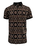 Polo negro para caballero Lamasini 28220 con patrón geométrico en tonos tierra y cuello clásico.
