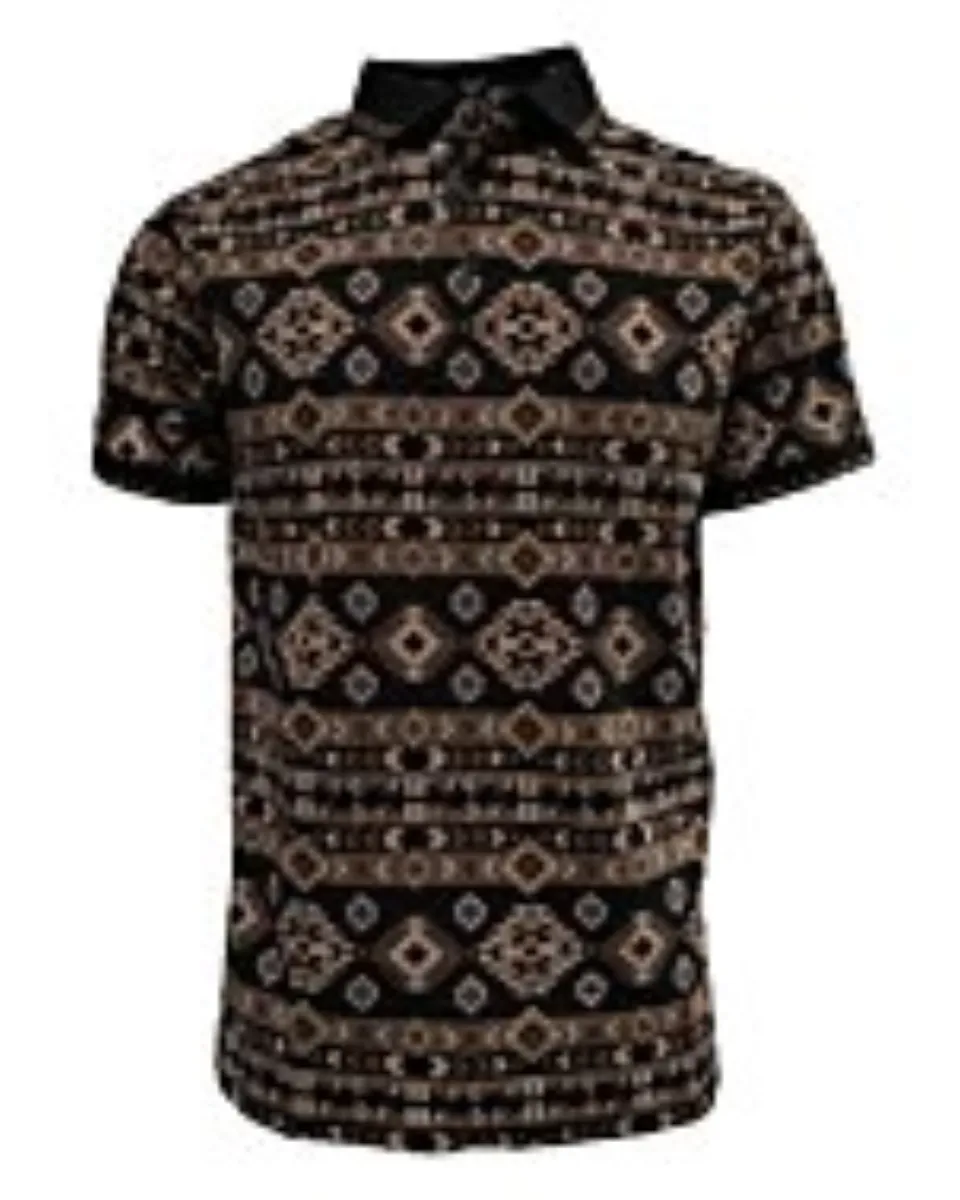 Lamasini 28220 men’s black polo shirt with earth-tone Southwestern tribal pattern and classic collar.