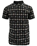 Lamasini 28221 men’s black polo with an all-over geometric print in soft pastel tones and a classic ribbed collar.