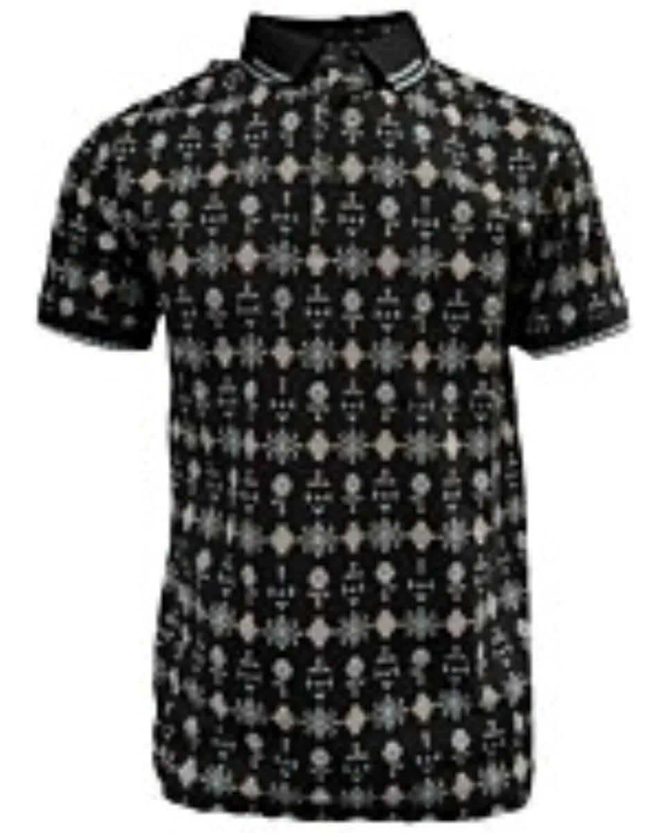 Polo negro para caballero Lamasini 28221 con diseño geométrico en tonos pastel y cuello acanalado.