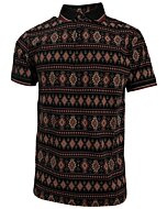 Lamasini 28222 men’s black polo featuring a detailed Western-inspired geometric pattern with earth-tone accents.