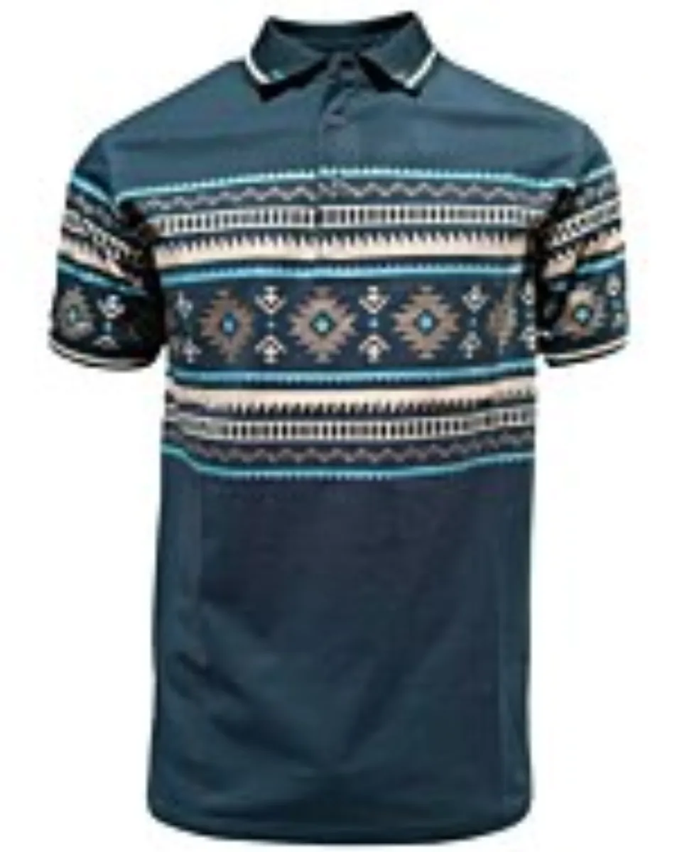 Polo azul marino para caballero con estampado azteca en beige y turquesa, con cuello en contraste – Lamasini 28219.