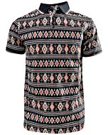Lamasini 28222 men’s navy polo with a Southwestern-inspired geometric pattern and contrast collar.