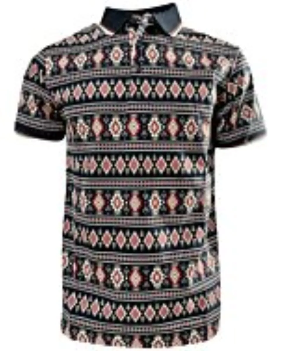 Lamasini 28222 men’s navy polo with a Southwestern-inspired geometric pattern and contrast collar.