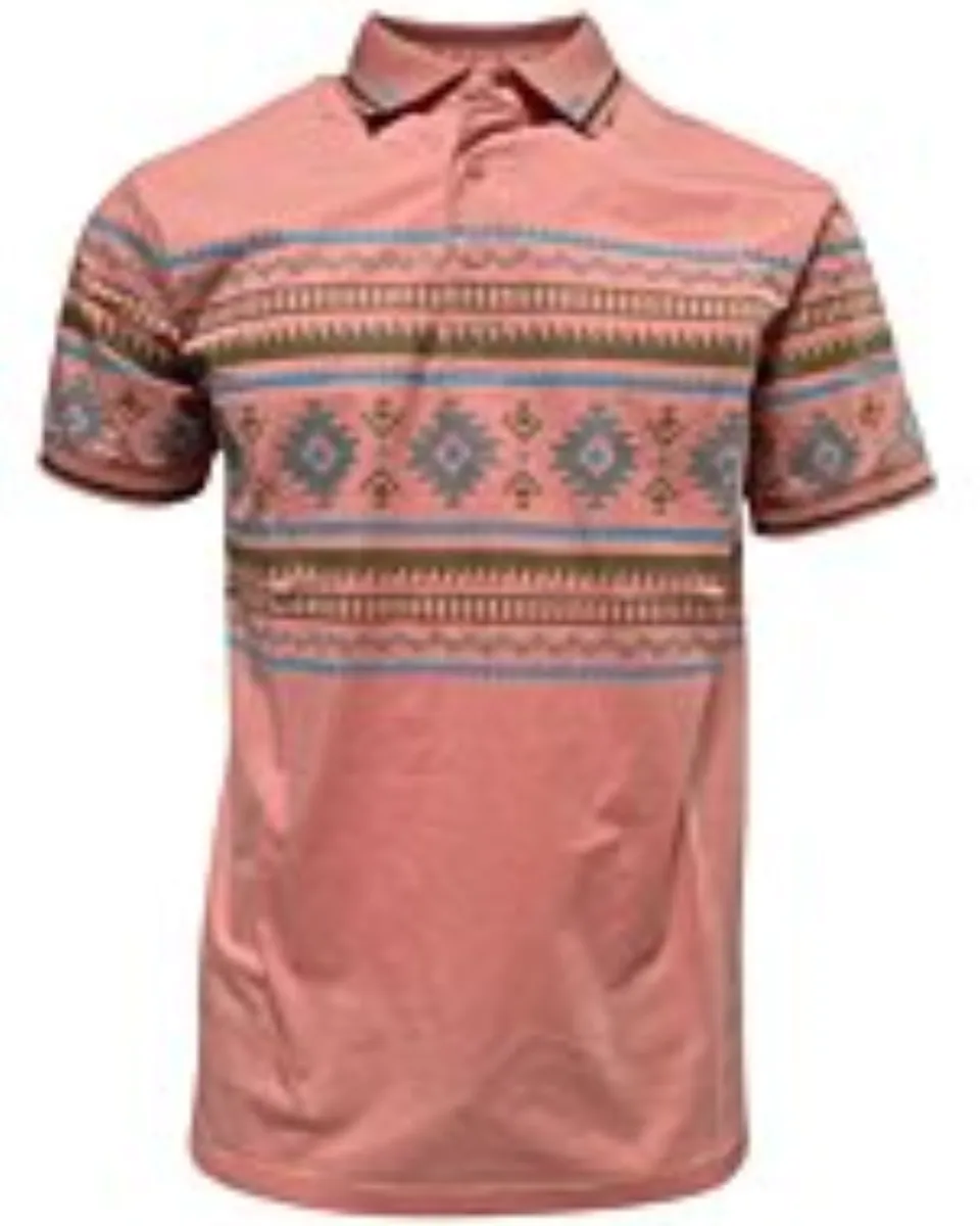 Polo salmón para caballero con estampado azteca en tonos tierra, cuello en contraste – Lamasini 28219.