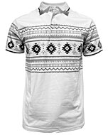 Lamasini 28219 men’s white polo shirt with black and gray Aztec print and contrast collar.