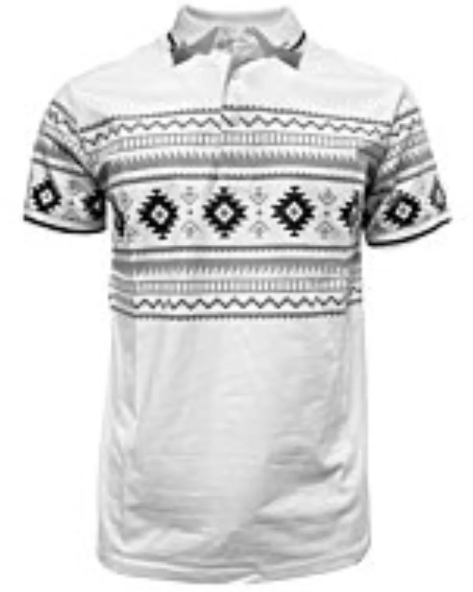 Lamasini 28219 men’s white polo shirt with black and gray Aztec print and contrast collar.