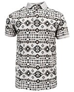 Lamasini 28220 men’s white polo shirt with black and brown Aztec print and a stylish contrast collar.