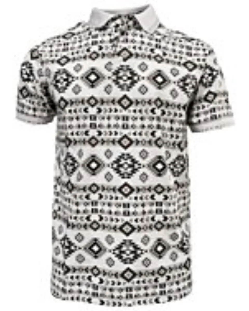 Lamasini 28220 men’s white polo shirt with black and brown Aztec print and a stylish contrast collar.
