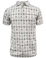 Lamasini 28221 men’s white polo with a soft-toned Southwestern geometric print and ribbed collar.