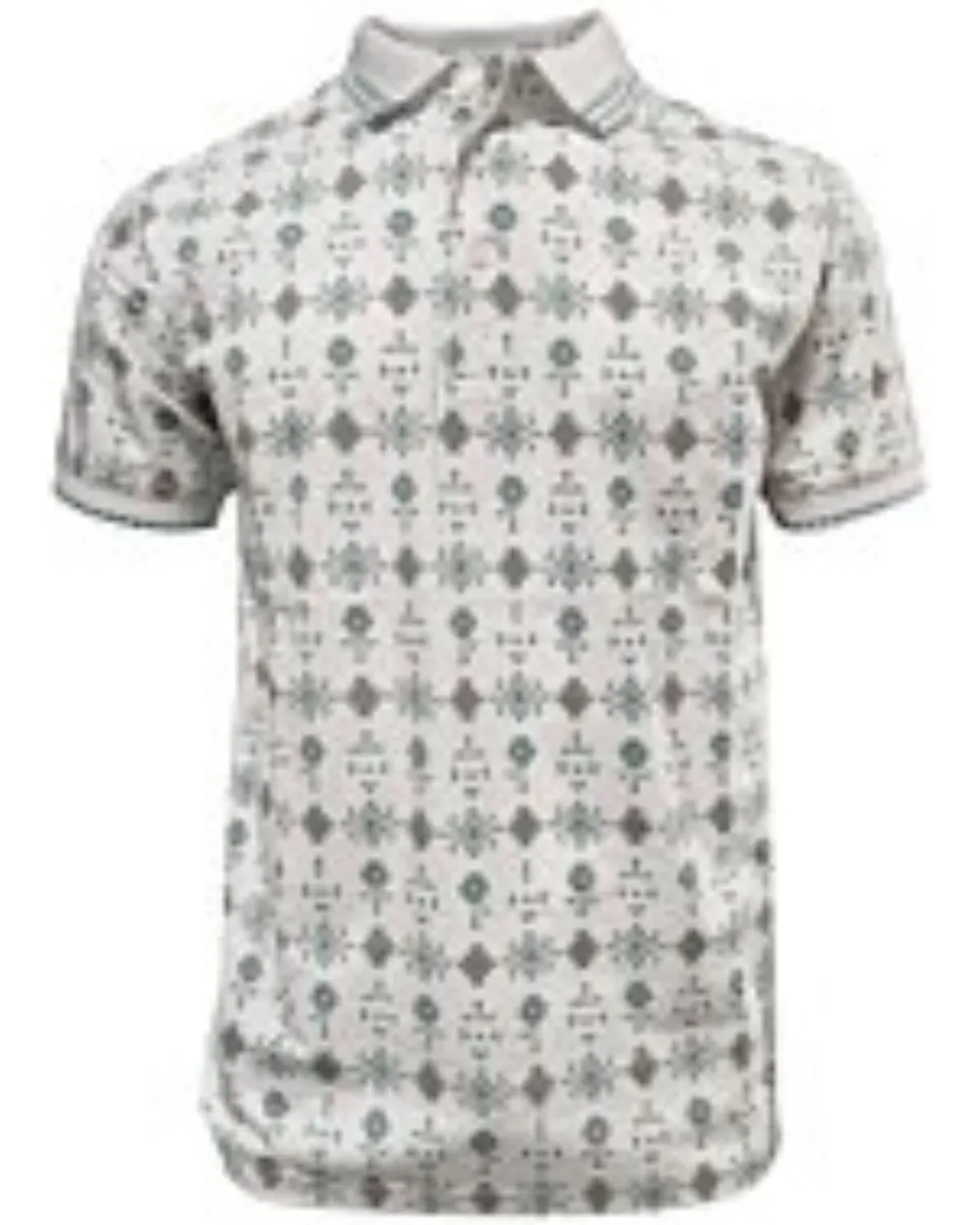 Lamasini 28221 men’s white polo with a soft-toned Southwestern geometric print and ribbed collar.
