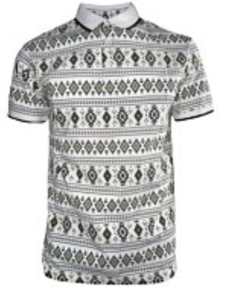 Lamasini 28222 men’s white polo with a Western geometric pattern and contrast collar.