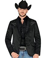 Hombre usando el saco Montero 2181 Negro-Charcoal con detalles bordados en los hombros, combinado con camisa negra y jeans para un look vaquero moderno.