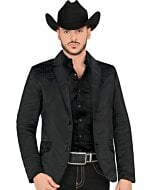 A front-facing view of the Montero 2181 black blazer, featuring intricate black embroidery on the shoulders and pockets.