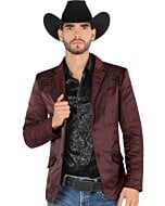 Vista completa del saco Montero 2176 en color vino, combinado con ropa vaquera.