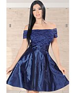 Vestido Metálico Y Encaje Hombros Descubiertos Lam 5705 Navy