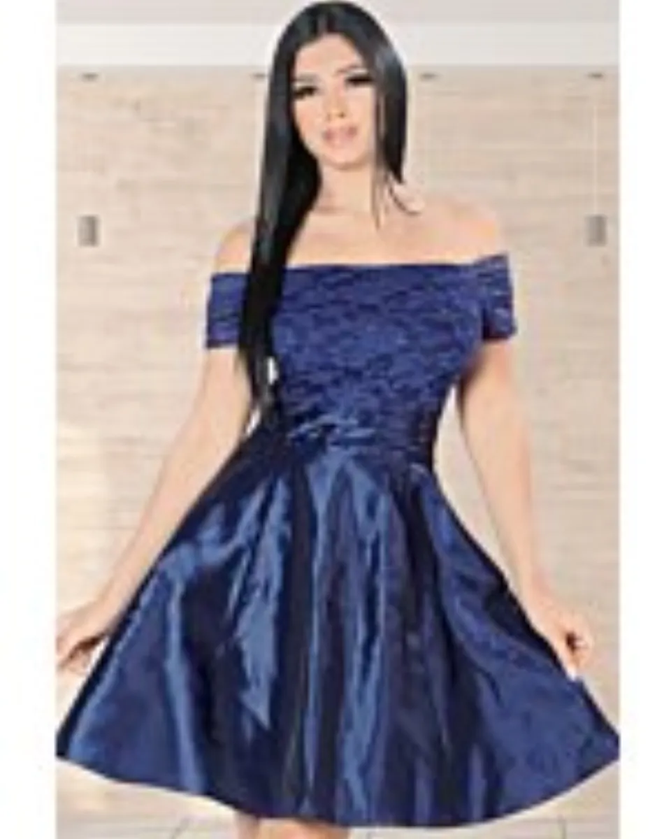 Vestido Metálico Y Encaje Hombros Descubiertos Lam 5705 Navy