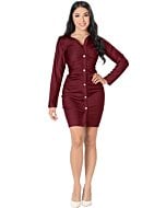 Full view of a model in a button-up burgundy dress with ruched detailing and long sleeves.