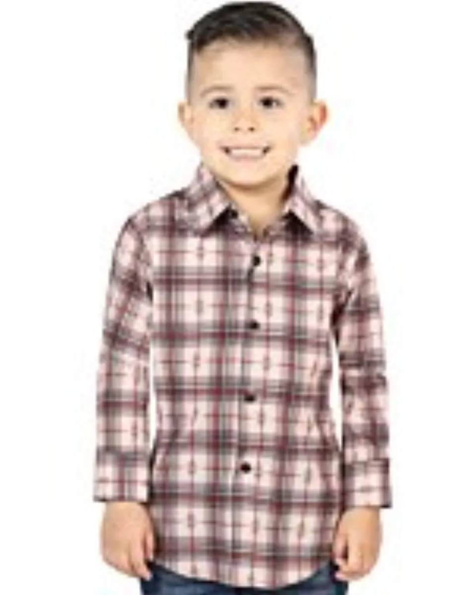 Boy’s Western Shirt in Beige-Red Plaid, Long Sleeve Version – El General 44745