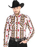 Men's White Western Shirt with Red and Yellow Geometric Print – El General 44502