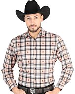 Men’s Western Shirt in Beige-Black Plaid with Aztec Accents by El General 44698, Available in Long or Short Sleeve