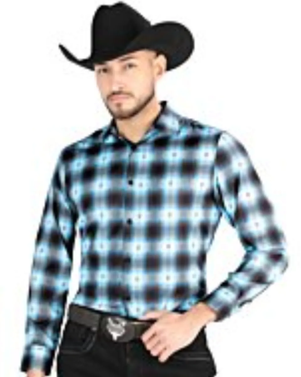 Men's Blue-Black Western Shirt in Plaid Design, Available in Short or Long Sleeves, Made from Polyester-Spandex Blend.