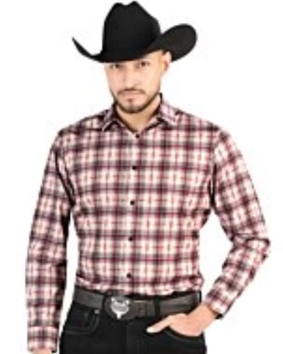 Men’s Western Shirt in Beige-Red Plaid by El General 44711, Available in Long or Short Sleeve