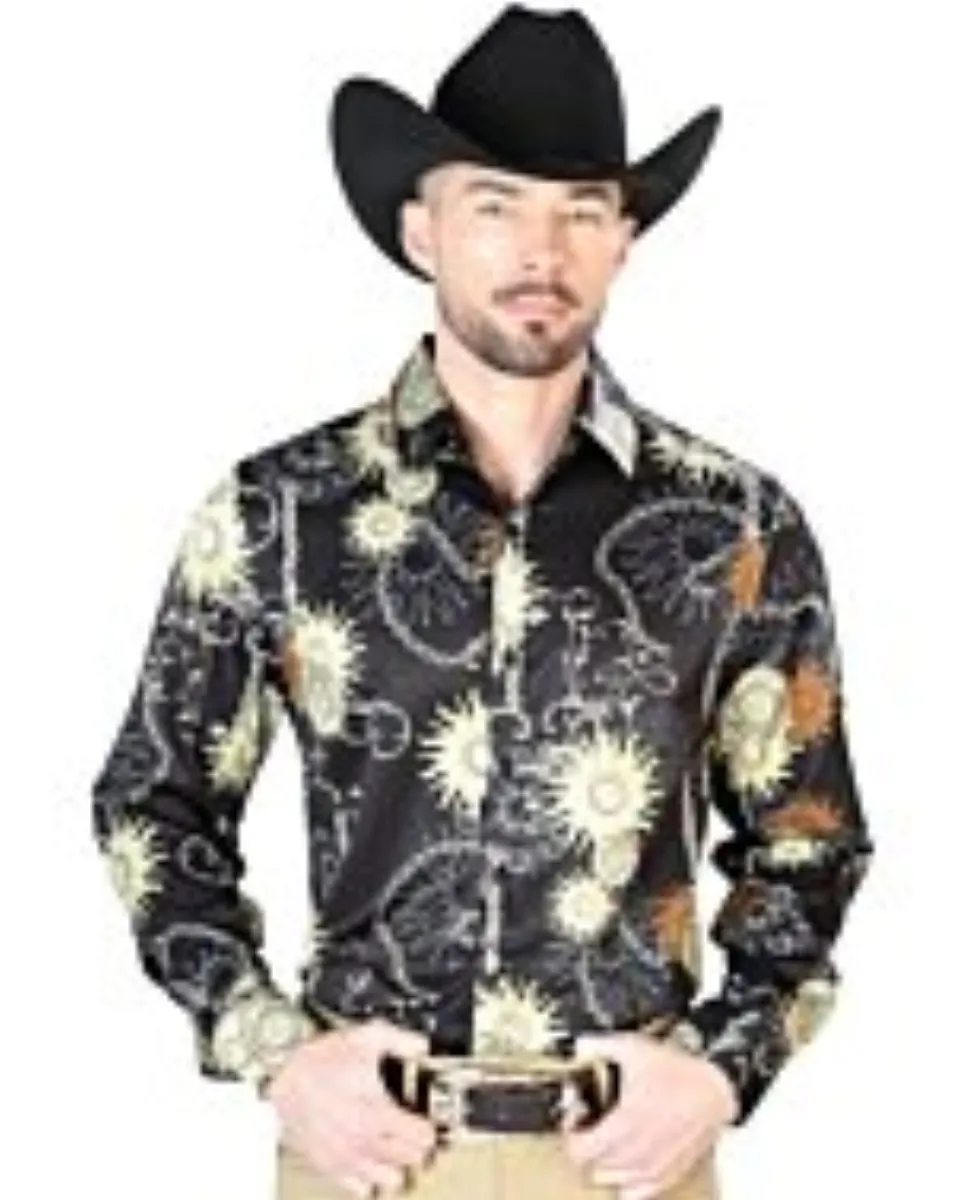 Camisa Negra Estampado De Soles Y Cadenas De Oro El Señor De Los Cielos 43992
