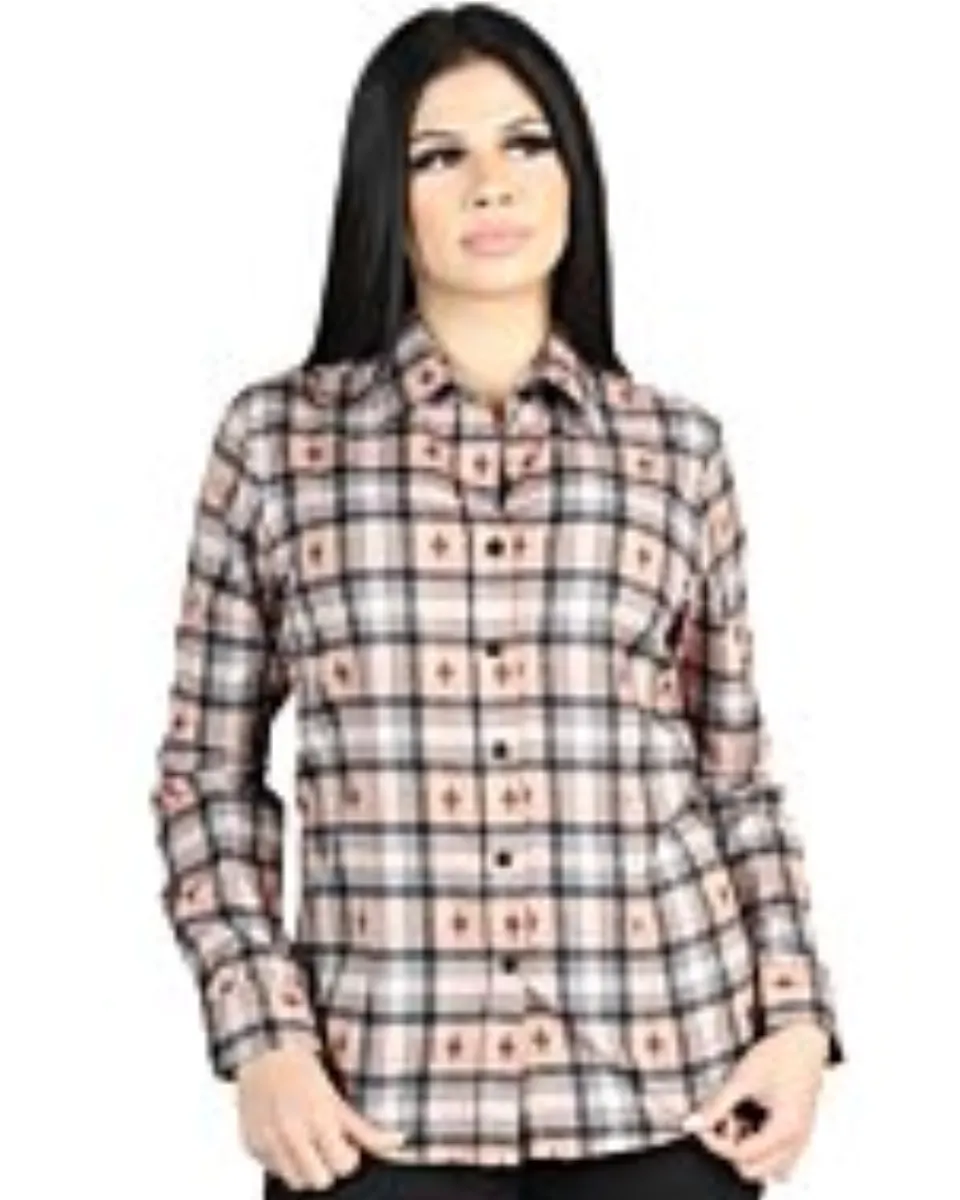 Camisa Vaquera para Mujer a Cuadros Beige-Negro, Versión de Manga Larga – El General 44715