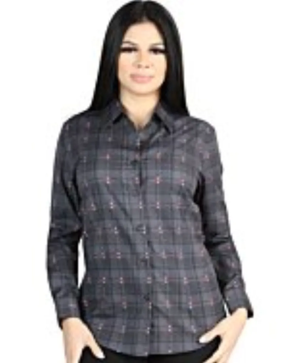 Camisa Vaquera para Mujer a Cuadros Gris-Café, Versión de Manga Larga – El General 44725