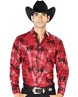 Camisa El Señor De Los Cielos 43595 Color Vino Diseño De Caballos Negros