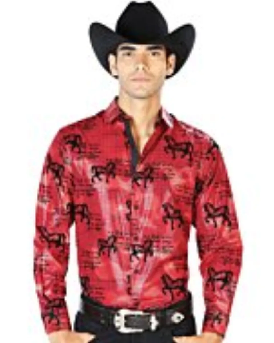 Camisa El Señor De Los Cielos 43595 Color Vino Diseño De Caballos Negros