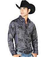 Camisa El Señor De Los Cielos 43598 Color Navy Con Caballos Negros